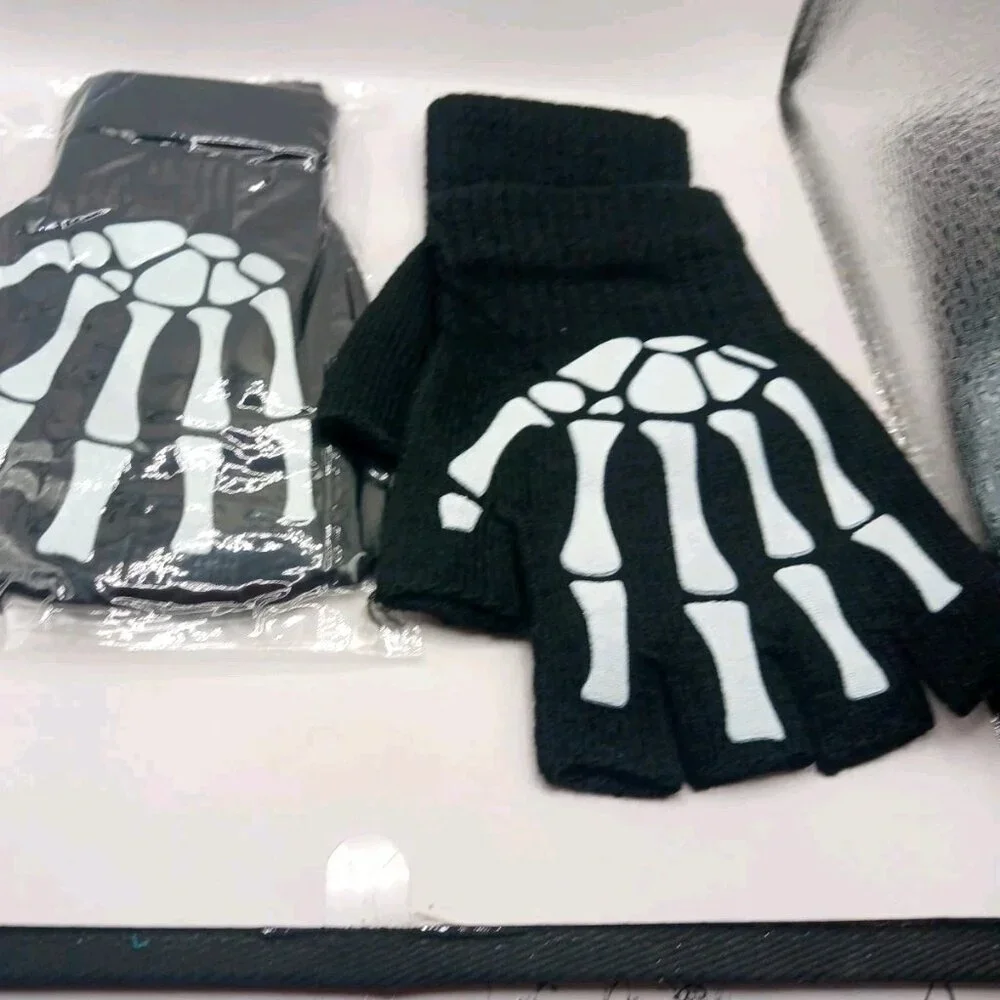 Skeleton Print Fingerless Goth Gloves-Black TWO Pair Unisex New